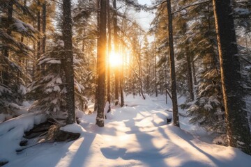 snowy pine forest with sunlight peeking through, created with generative ai