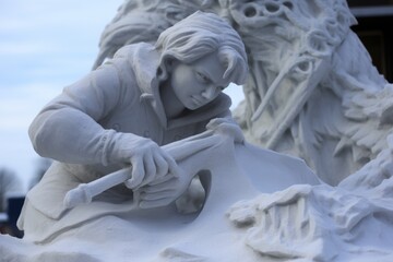 snow sculpting in progress, close-up of details, created with generative ai