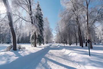 shoveled pathway through a snow-covered park, created with generative ai