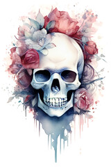 Fototapeta premium watercolor skull and roses, generative ai
