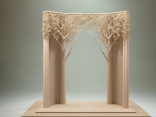 Minimalist background layout with a podium for product presentation. A podium and trees. Ai generative.