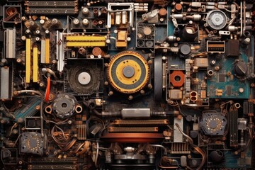 Fototapeta premium top view of a disassembled computer motherboard, created with generative ai