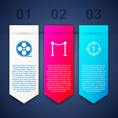 Set Film reel, Rope barrier and Old film movie countdown frame. Business infographic template. Vector