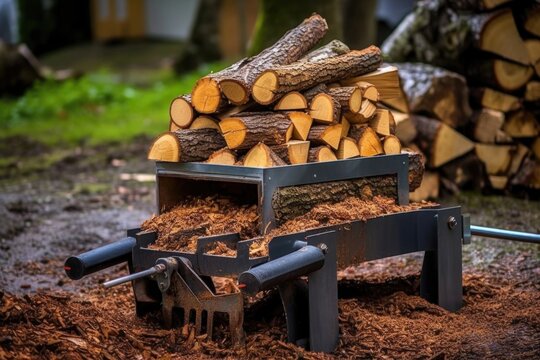 firewood split with a hydraulic log splitter, created with generative ai