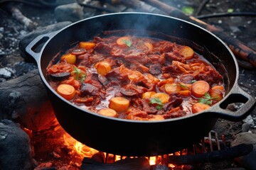 dutch oven with chorizo stew simmering on a campfire, created with generative ai