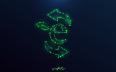 Obraz premium Ecological symbol. Glowing logo with circular arrows, green neon particles, outline design. Concept of ecology and recycling.
