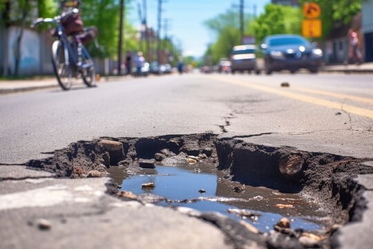 close-up of a pothole on a bicycle lane, danger for cyclists, created with generative ai