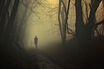 foggy forest path with eerie zombie silhouette, created with generative ai