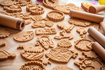 various biscuit shaped cutters on dough, created with generative ai