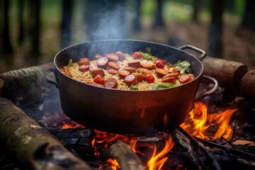jambalaya ingredients being stirred in pot on open fire, created with generative ai