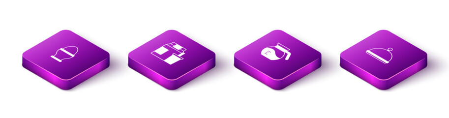Set Isometric Chicken egg on stand, Online ordering delivery, Coffee pot and Covered with tray icon. Vector