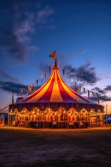 circus tent at sunset with glowing lights, created with generative ai