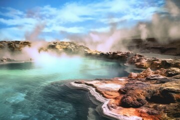 close-up of vibrant geothermal pool with steam rising, created with generative ai