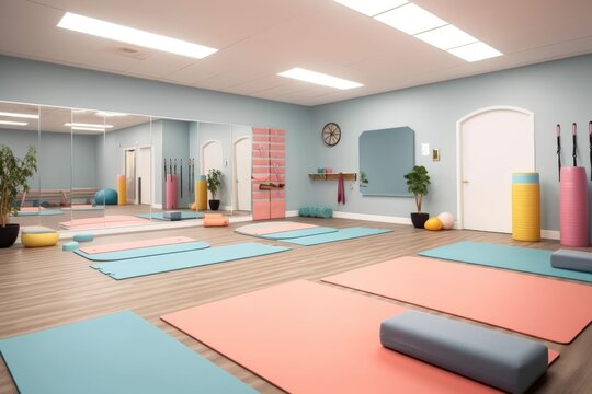 group fitness studio with exercise mats and props, created with generative ai
