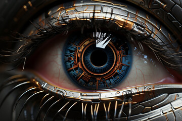 Close up metal cyber electronic eye surveillance security with lights glares and laser circuit, high technologies. Futuristic  robotic human cyber electronic scanning eye digital vision. Generative AI