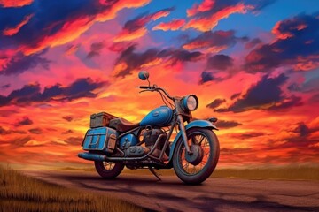 Fototapeta premium classic motorbike with a sunset background, created with generative ai