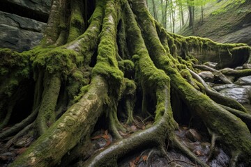tree roots intertwining with moss-covered rocks, created with generative ai