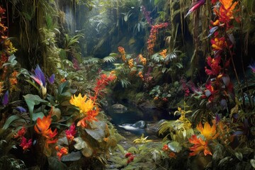 Obraz na płótnie Canvas vibrant exotic flowers on rainforest floor, created with generative ai