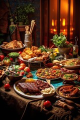 delicious holiday feast with traditional dishes on table, created with generative ai