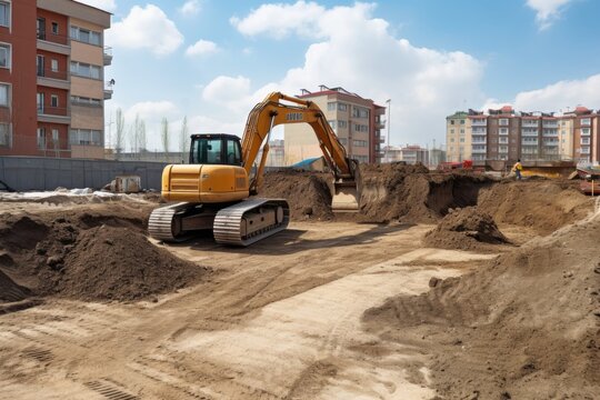 construction site with bulldozer digging new foundation for building, created with generative ai