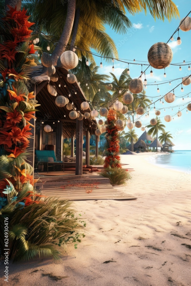 Canvas Prints sandy beach with holiday decorations and a festive vibe, created with generative ai