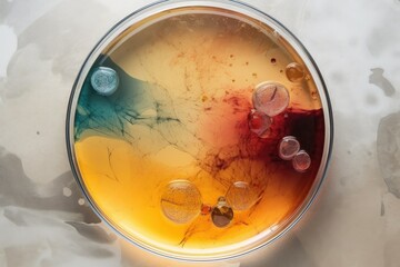 top view of a petri dish with chemical reaction, created with generative ai