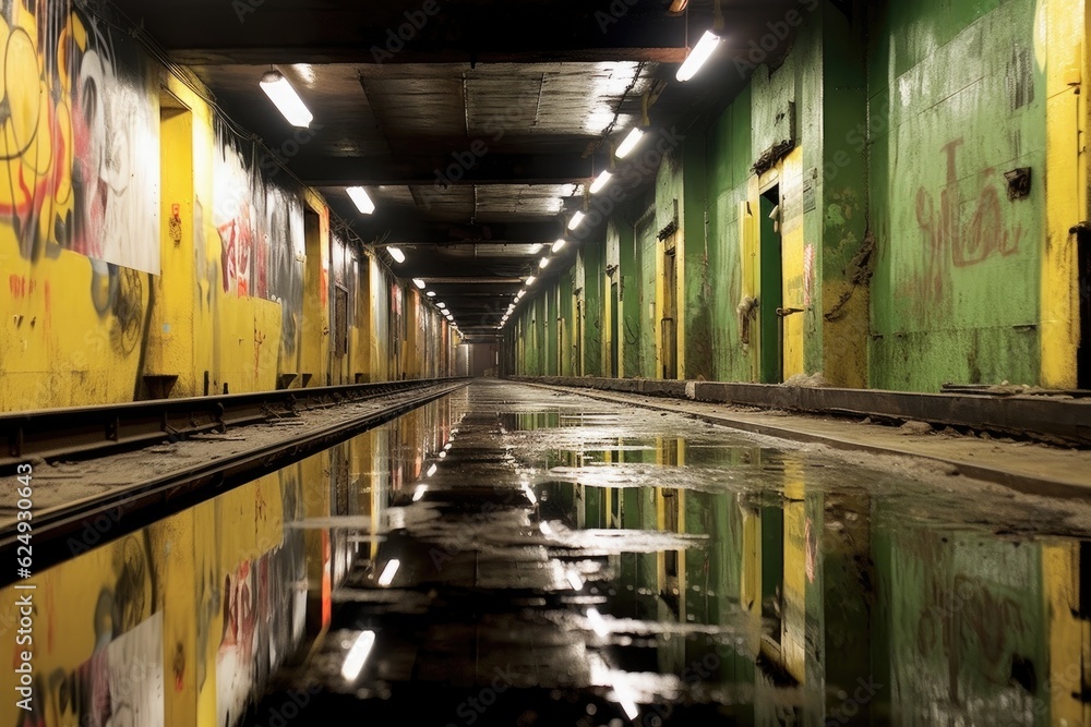 Wall mural reflections on wet subway tunnel floor, created with generative ai