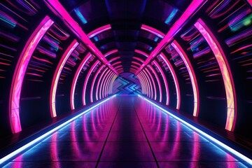 futuristic illuminated subway tunnel with neon lights, created with generative ai