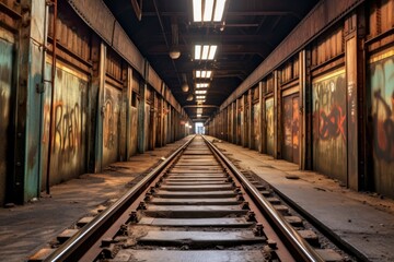 Naklejka na ściany i meble long perspective of subway tracks fading, created with generative ai