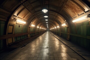 Naklejka na ściany i meble empty subway tunnel with dim lighting and curved walls, created with generative ai