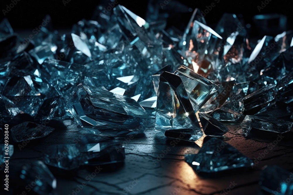 Wall mural glass shards reflecting light on dark surface, created with generative ai