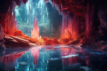 glowing crystal cave with vibrant reflections, created with generative ai