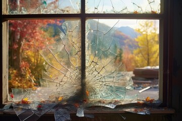 cracked window pane with blurred outdoor scenery, created with generative ai