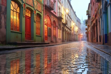 Fototapeta premium dew-covered cobblestones reflecting colorful storefronts, created with generative ai