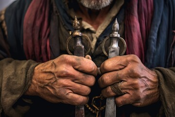 close-up of a master bladesmiths worn hands holding a sword, created with generative ai