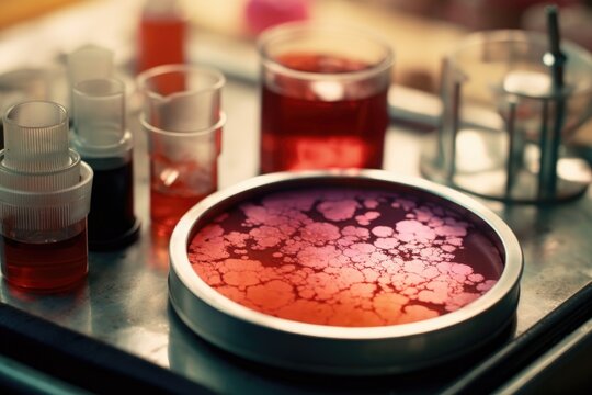 blood sample in a petri dish near a microscope, created with generative ai