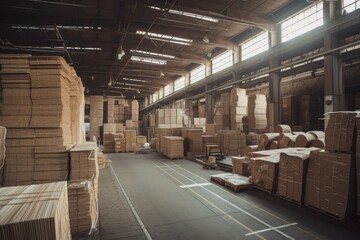 pulp and paper mill warehouse, with stacks of raw materials and finished products, created with generative ai