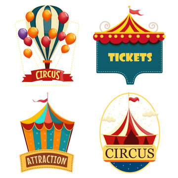 Set of beautiful colorful circus elements in cartoon style. Vector illustration of bright circus elements with balloons, circus tent, tickets and rides isolated on white background.