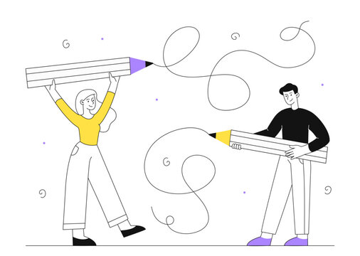 People with giant pencils line concept