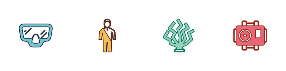 Set Diving mask, Wetsuit for scuba diving, Coral and Photo camera diver icon. Vector