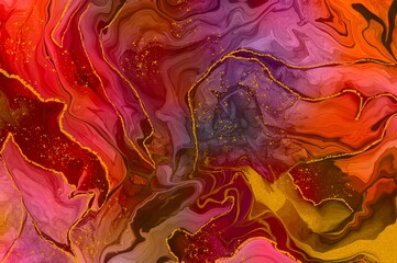Alcohol ink abstract marble art with gold leaf foil and cloud like.