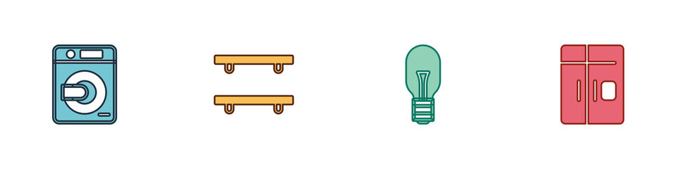 Set Washer, Empty wooden shelves, Light bulb and Refrigerator icon. Vector