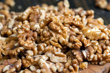 Walnut kernel on the kitchen table during cooking