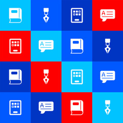 Set Book, Fountain pen nib, Graphic tablet and Speech bubbles with Answer icon. Vector