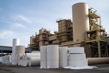 pulp and paper plant, with stacks of rolls of recycled paper visible, created with generative ai