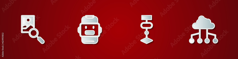 Poster set photo retouching, chat bot, algorithm and network cloud connection icon. vector