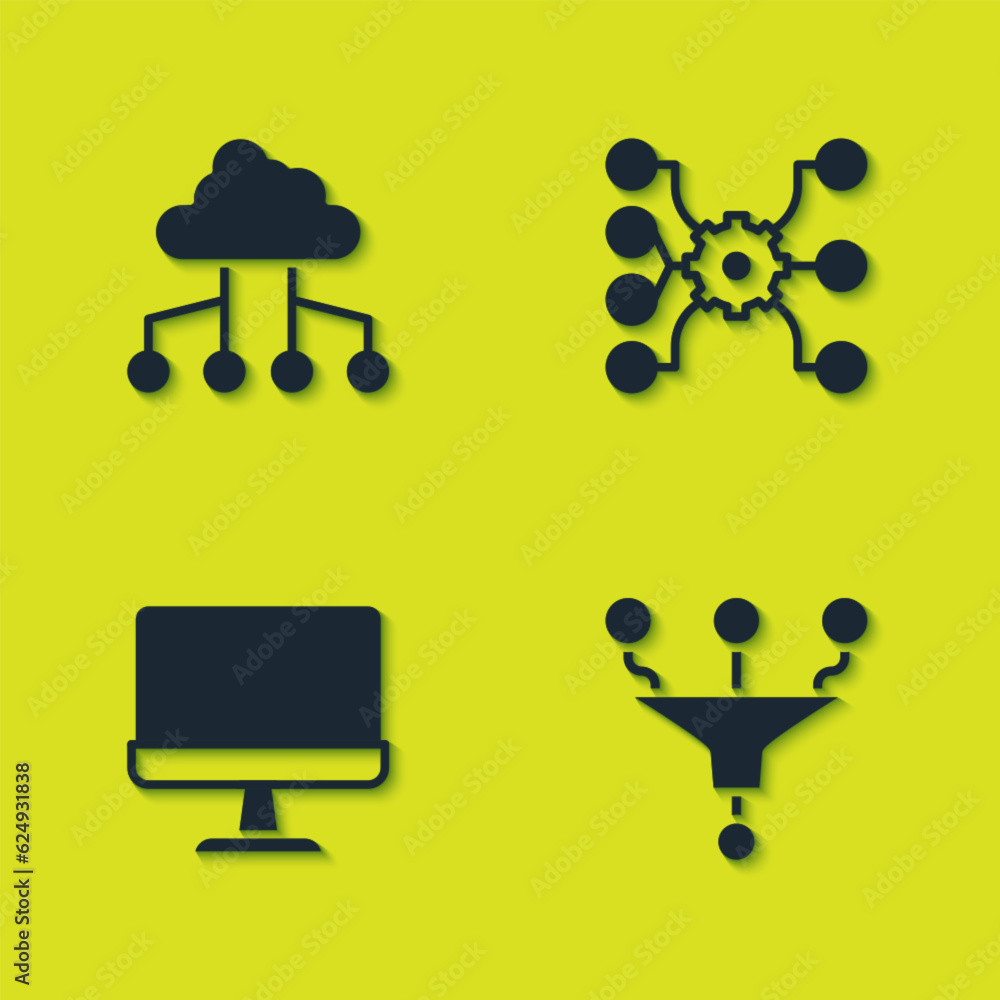Aufkleber set network cloud connection, funnel filter, computer monitor and neural network icon. vector