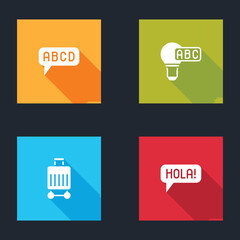 Set Alphabet, Creative lamp light idea, Suitcase and Hola in different languages icon. Vector © vector_v
