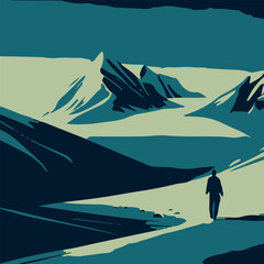 A captivating dark vector illustration showcasing a lone adventurer in the mountains, enveloped by mysterious shadows, igniting a sense of awe and exploration amidst the majestic peaks