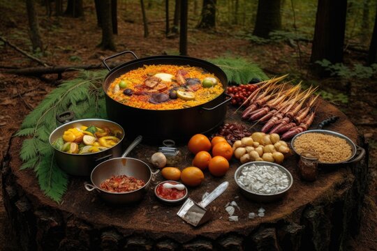 paella ingredients neatly arranged near campfire, created with generative ai